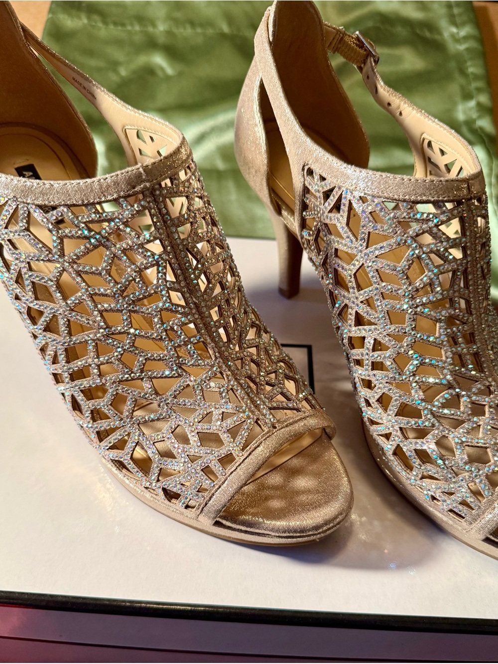Alex Marie Champagne Rhinestone Cutout Peep-Toe Heels